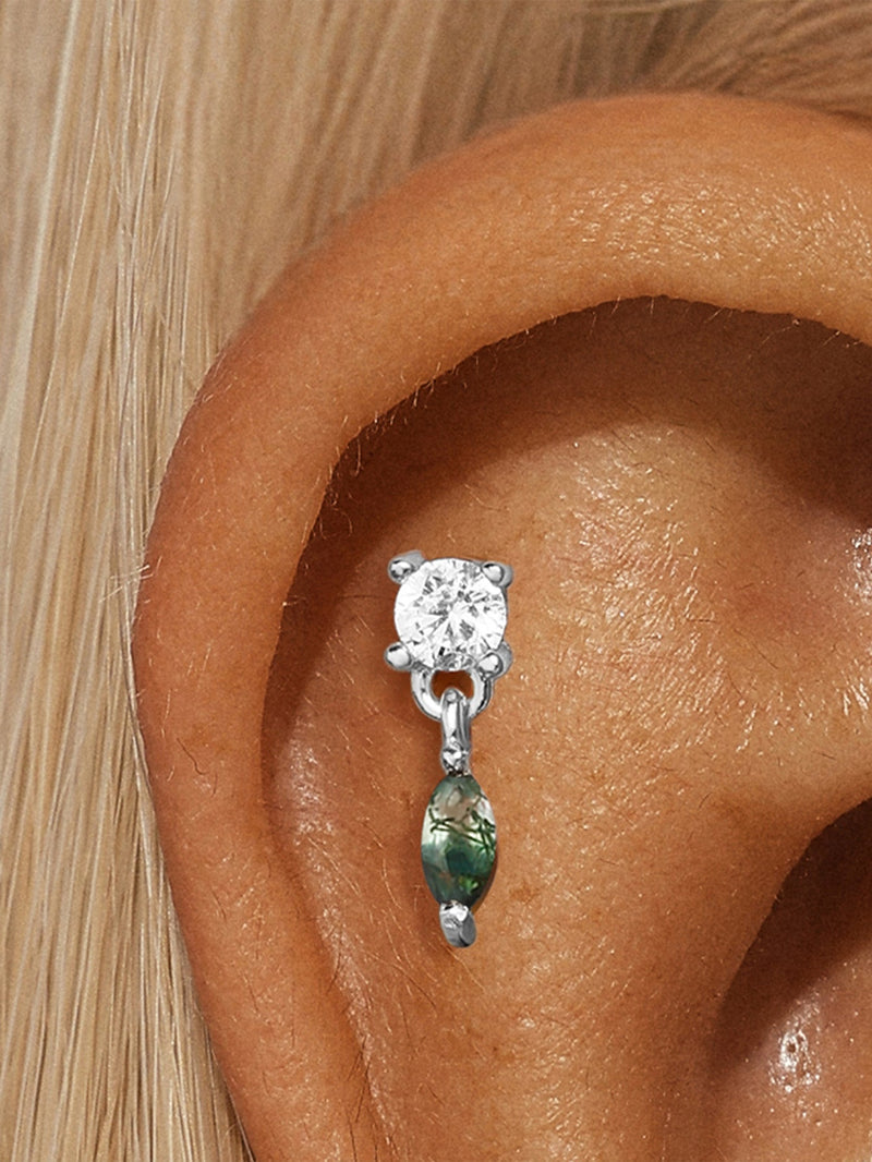 S925 Water Grass Agate Drop Ear Piercing Stud